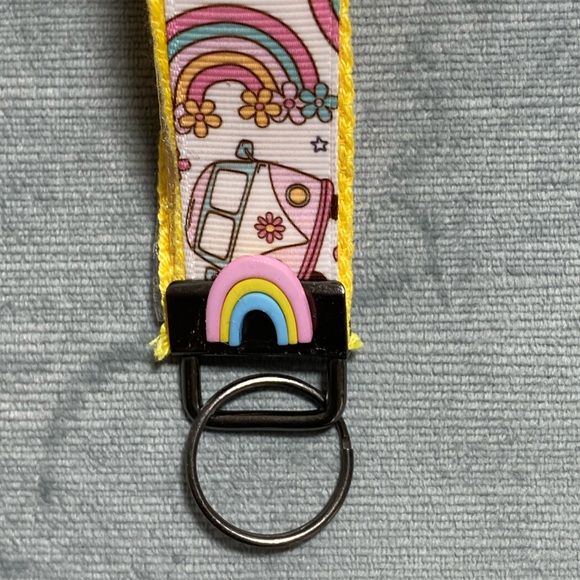 New handcrafted by me 70s VW van, groovy rainbow pastel theme wristlet keychain - Picture 4 of 7